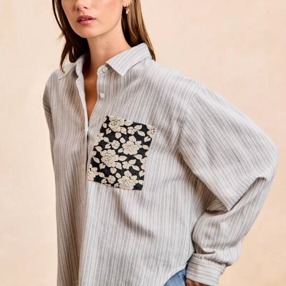 BiBi Flower Jacquard Knit Patch Pocket Stripe Shirt - Picture 5 of 16